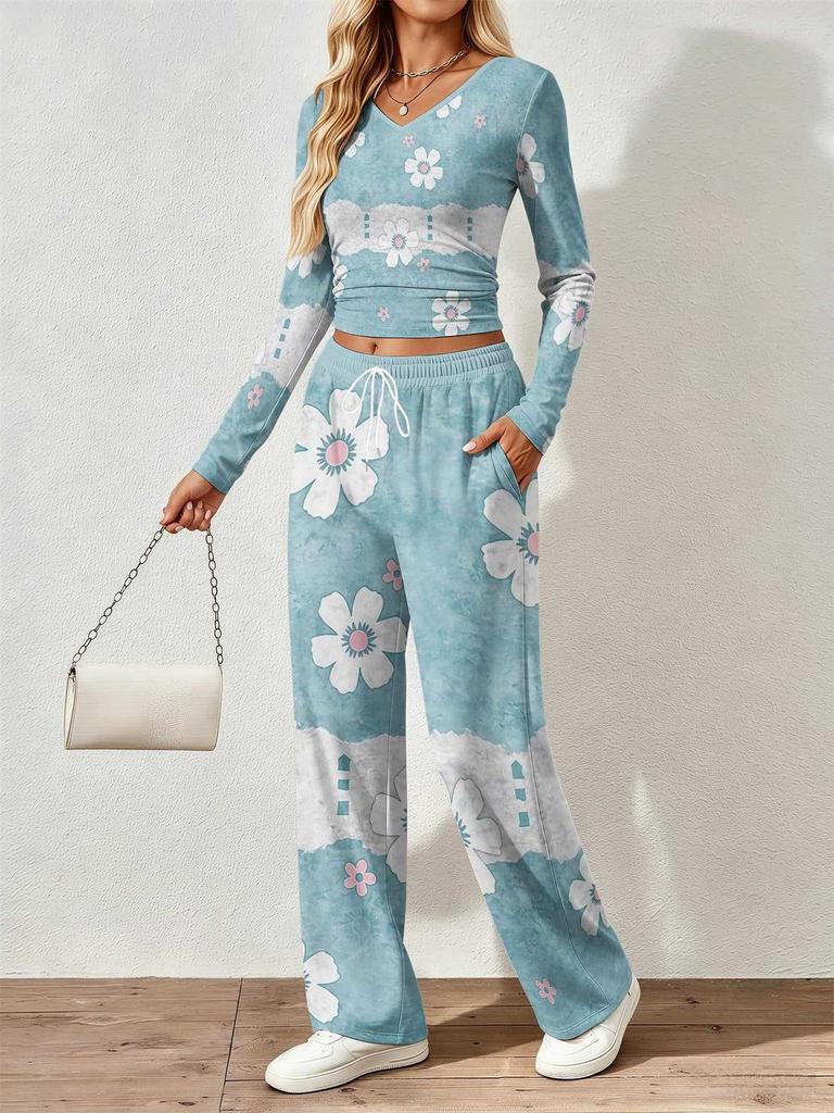 Floral pattern printed women's V-neck long-sleeved trousers set Comfortable casual versatile slim two-piece set