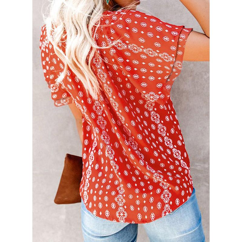 2026 New Printed Women's Summer V-Neck Half-Open Short-Sleeve Loose Casual T-Shirt