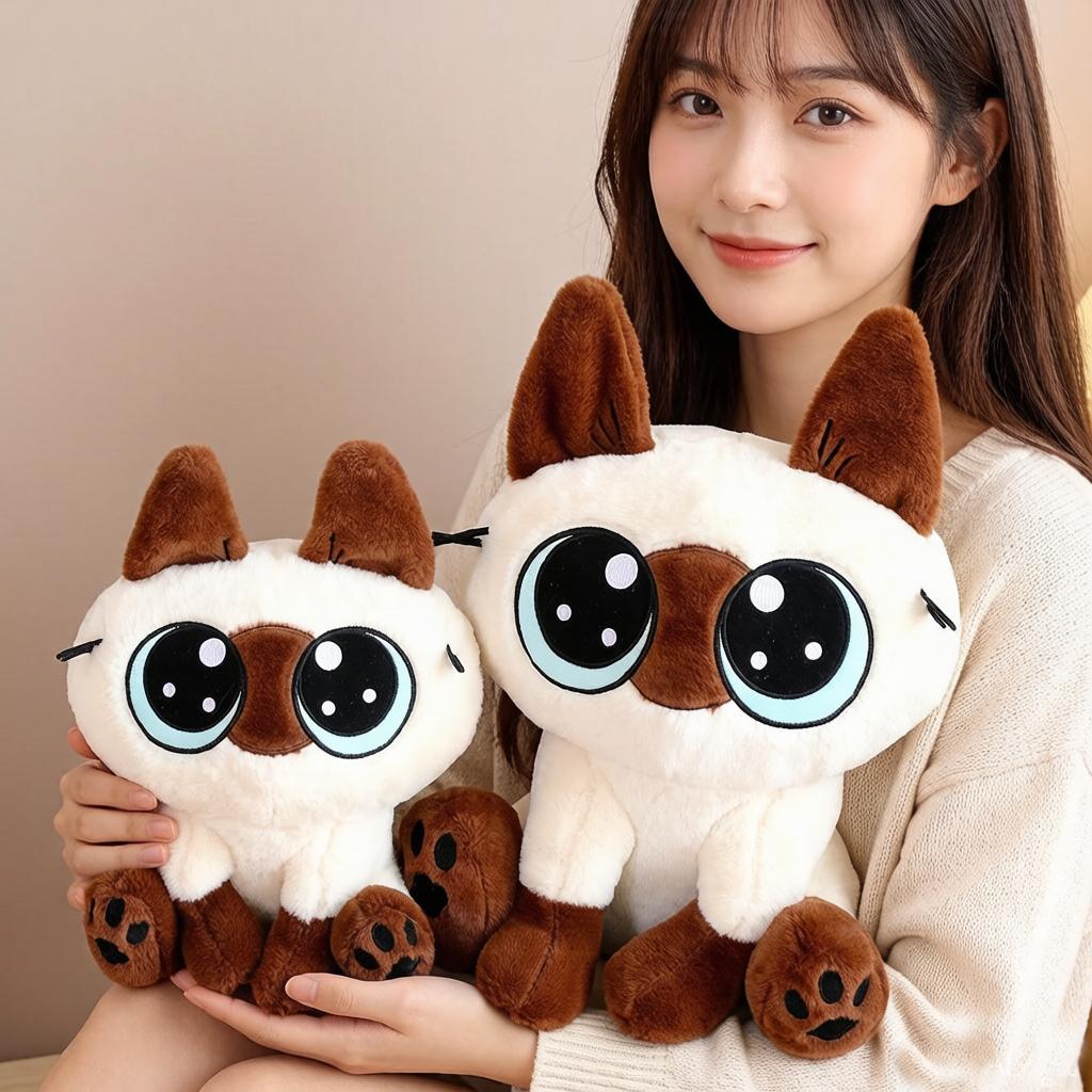 Grote Ogen Siamees Kat Pluche Speelgoed Gevuld Liggend Zittend Kawaii Cartoon Dier Bruine Kitten Pop Metgezel Pluche Speeltje Cadeau