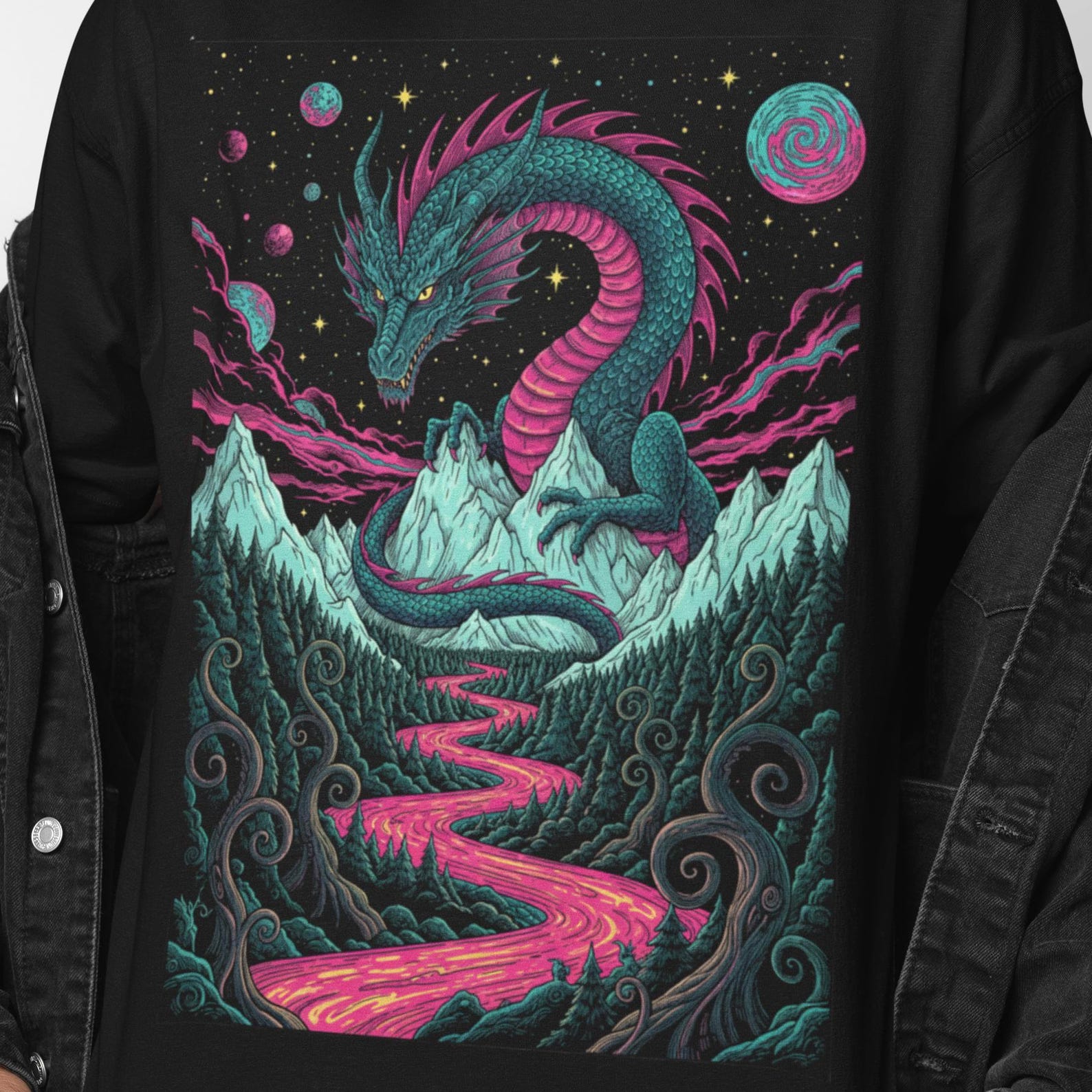 Japanese Dragon Surreal Shirt | Psychedelic Japanese Serpent Tee | Trippy Eastern Dragon Art | Cosmic Fantasy Landscape | Dragon Gift S