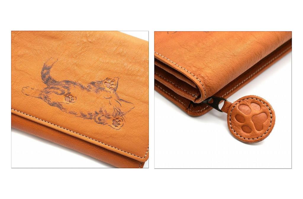 [WACHIFIELD] Dayan the Cat Genuine Leather Long Wallet, Camel