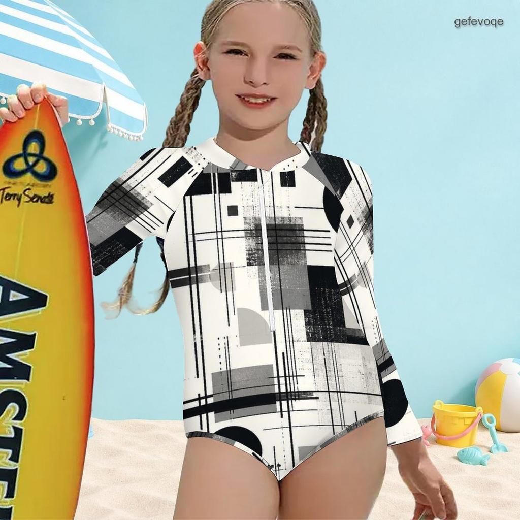 Girls High Neck Long Sleeve Front Zip Geometric Printed One Piece Swimsuit