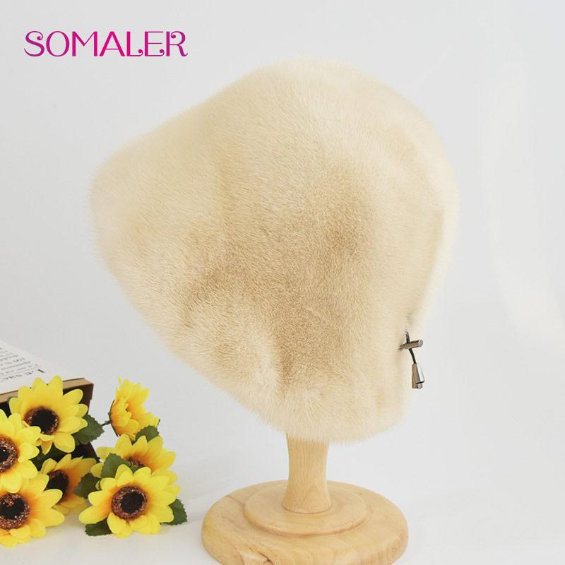 SOMALER Women Winter Fur Hats Hand Sewn Natural Mink Fur Bucket Caps Warm Fashion Plain Russian Female Windproof Earflap Beanie