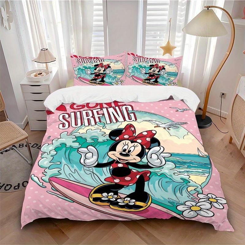 3pcs Gone Surfing Minnie Mouse Quilt Cover Set (1 Quilt Cover + 2 Pillowcases Without Pillow Core), High-Definition Printing for Home and Dormito