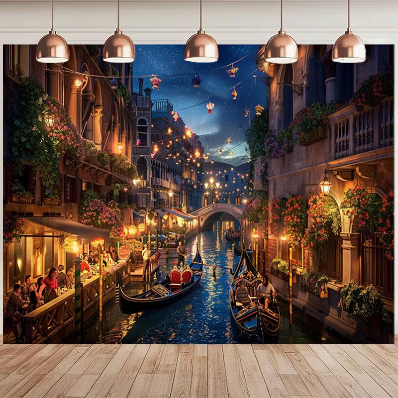 2D Romantic Italy Venice Night Street Party Decoration Background