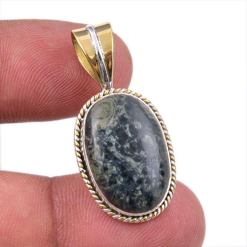 

Natural Green Pietersite Gemstone 925 Solid Silver Two Tone Pendant 1.50 s1D38
