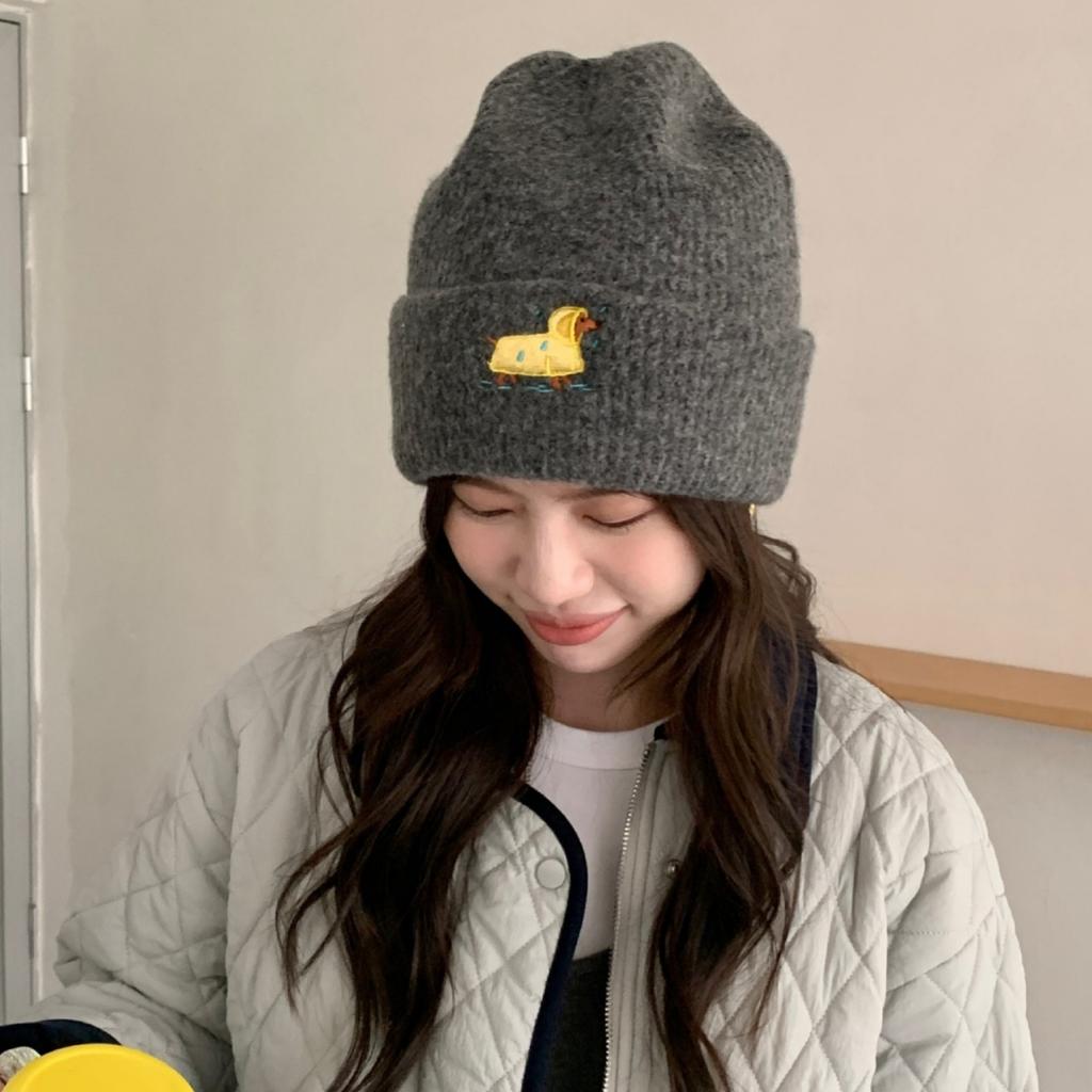 Autumn Winter Hats For Women Puppy Embroidered Knitted Beanie Ear Protection Cold Proof Keep Warm Baggy Cap Female New