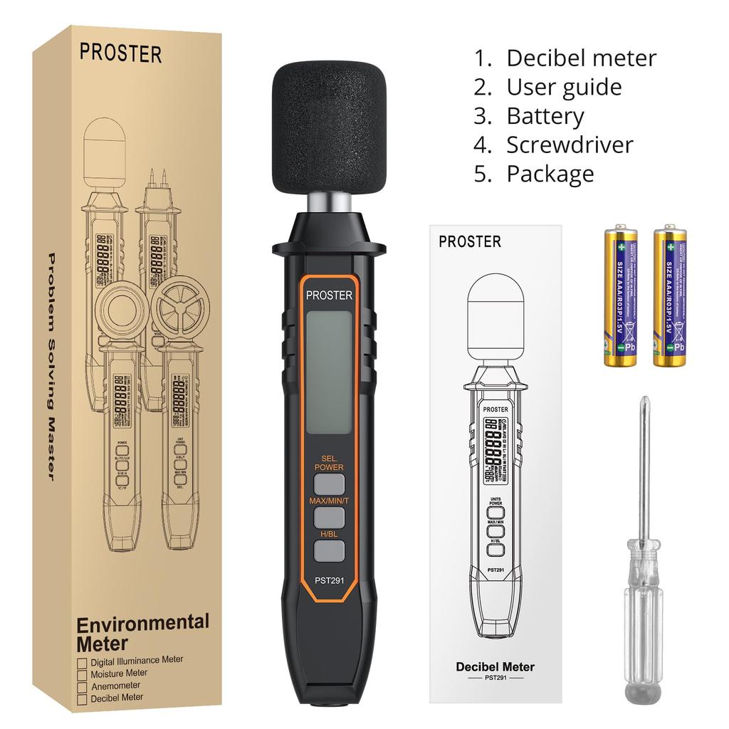 Proster Digital Sound Level Noise and Temperature Fast and Slow Response Data Japanese Instruction Manual Included Meter, 30-130dB/A-Weighted, ±2.0dB