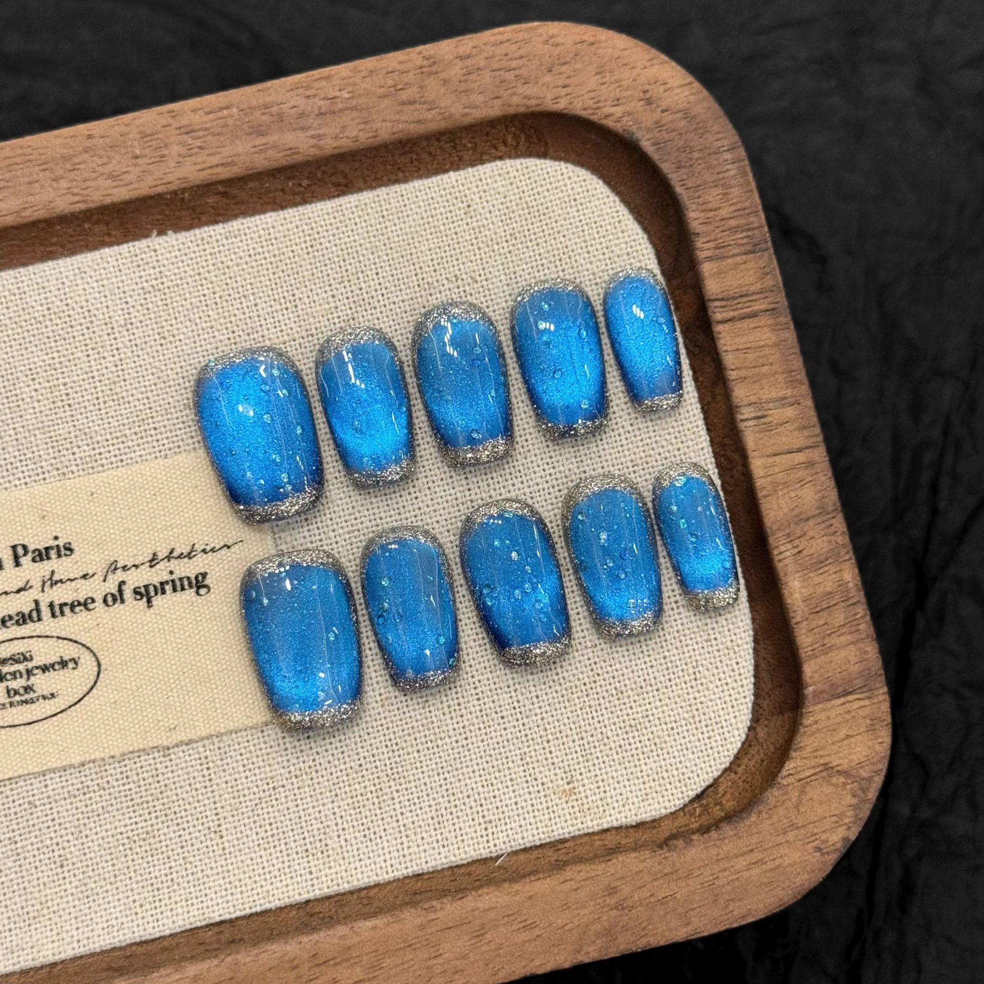 

Средние ногти-гроб с синим глиттером, накладные ногти, глянцевый гель, накладные акриловые ногти, самоклеящиеся ногти, многоразовые ногти с полным покрытием, клей для ногтей для женщин L