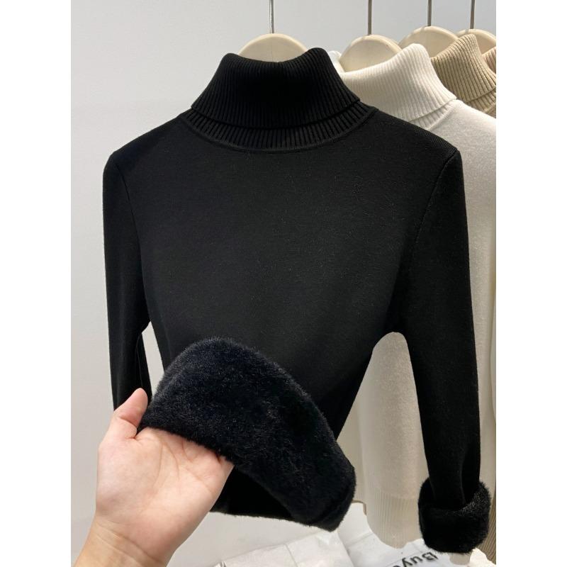 Autumn and winter new semi-turtleneck fleece sweater bottoming shirt women's integrated fleece thickened, warm and slim, knitted inside