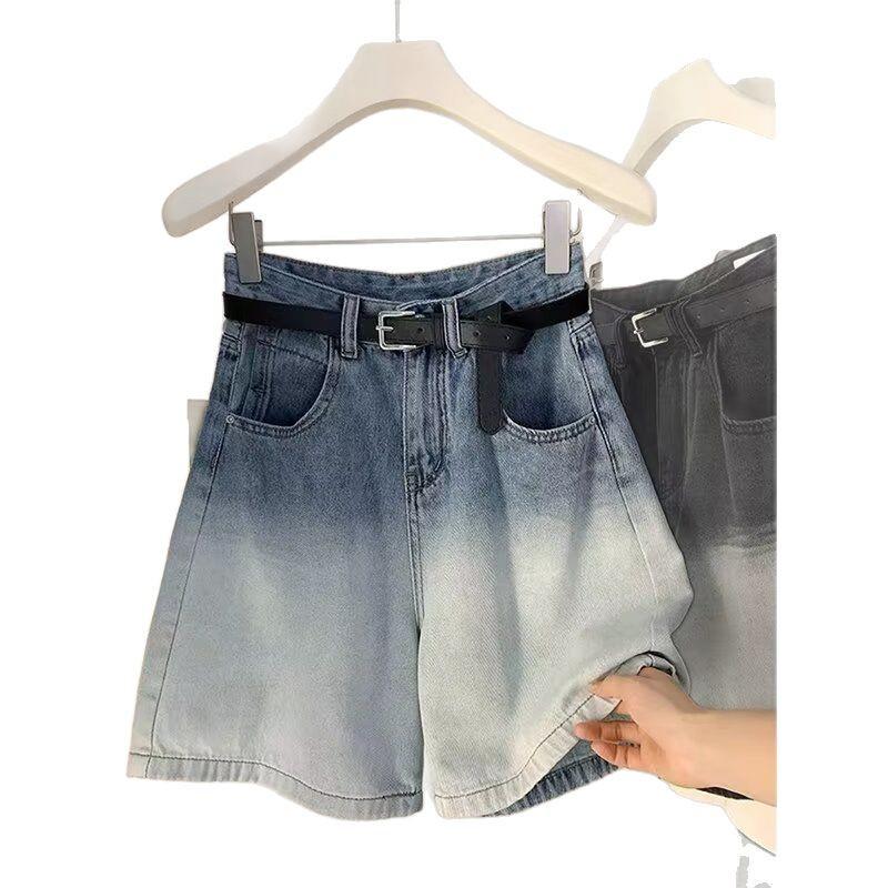 2025 Spring/Summer Women's Retro Gradient High-Waist Denim Shorts - Korean Fashion, Mid-Length, Straight Leg