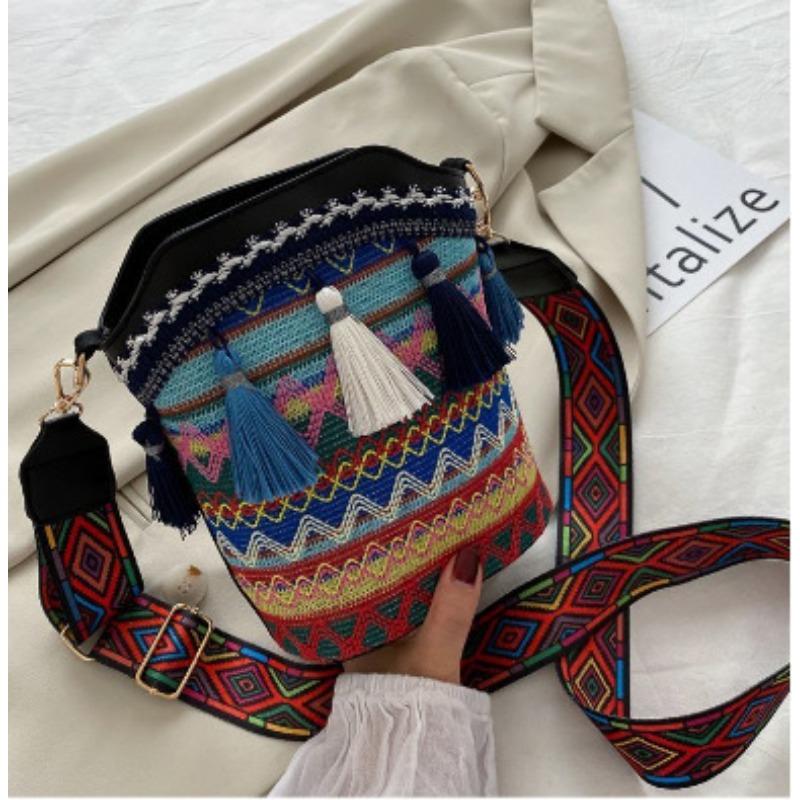 

Модная женская сумка в этническом стиле, индивидуальная сумка на одно плечо, сумка-ведро с кисточками, женская сумка темно-синий
