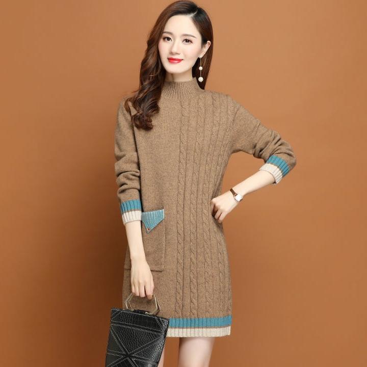Fleece and Thickened Mid-length Sweater for Women Loose Half Turtleneck Knitted Sweater Fashionable and Casual Hip-hugging Knitted Dress
