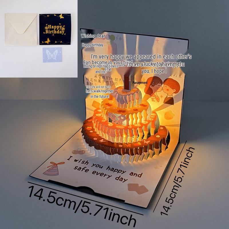 3D Cartoon Butterfly Music Light Birthday Card - Creative Greeting and Cake Blessing