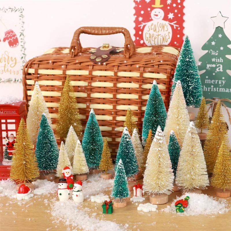 S/M/L Mini Christmas Tree Tabletop Ornaments with Wood Base DIY Crafts Artificial Sisal Pine Xmas Tree Party Decor Wholesale