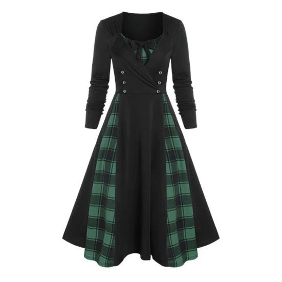 

Женское платье миди с круглым вырезом и длинными рукавами, клетчатое платье с принтом, двубортный декор с бантом, конькобежный подол, вечернее платье трапециевидной формы, уличная одежда 2XL зелёный