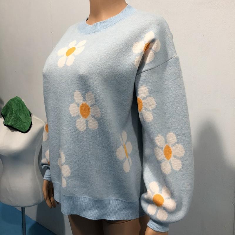Höst Vinter Rundhals Stickad Pullover Tröja Dam Mode Söt Långärmad Lös Tröjor Dam Krysantemumtryck Varma Stickade Toppar 24638