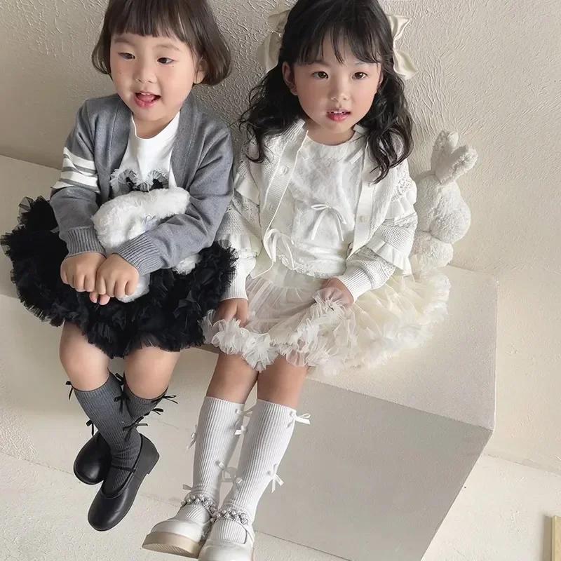 2 Pairs Girls Cotton Tube Socks With Cute Bow Vertical Striped Baby Stockings For Spring Autumn Winter New Arrival