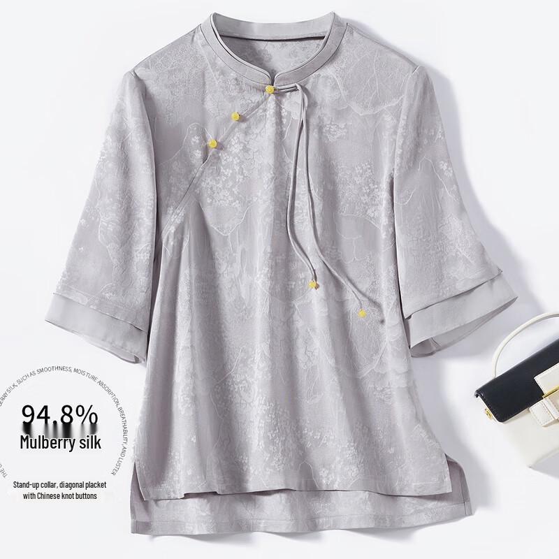 Women s Chinese Style Mulberry Silk Floral Short Sleeve Top XXXL