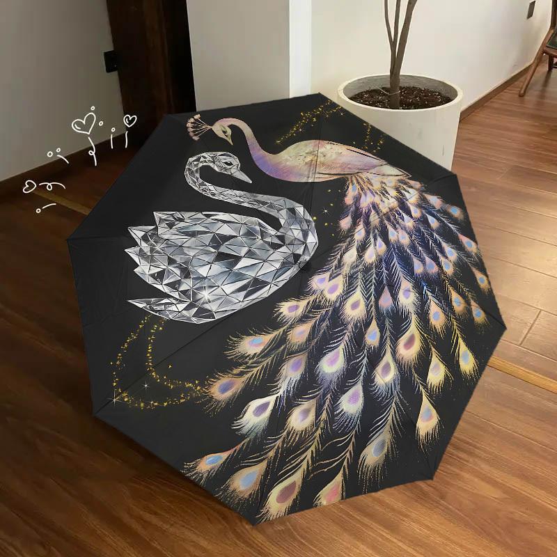 1pc Swan Peacock Umbrella - Automatic Open/Close Umbrella with Beautiful Pattern Design, Portable 3-Fold Compact Umbrella for