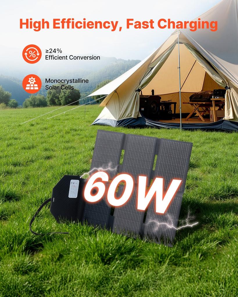 60W Foldable Solar Panel Charger, 16BB N-Type Monocrystalline Solar Panel 24% Efficiency, Lightweight Portable with MC4 Output, Type-C, USB-A & DC