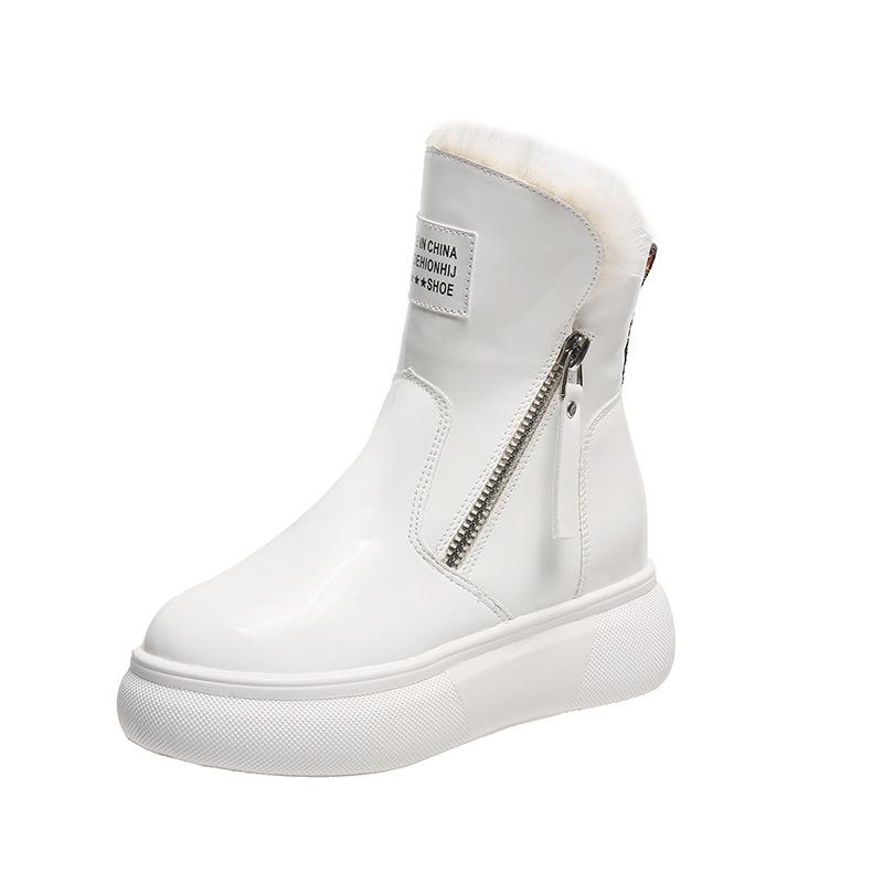 

Зимові товсті підошви з боковою блискавкою з плюшем і потовщеними короткими зимовими черевиками для жінок на похилих підборах і модним бавовняним взуттям 40 білий