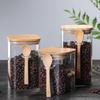 Japanese Square Glass Airtight Jar with Wooden Spoon for Coffee Bean and Tea Storage