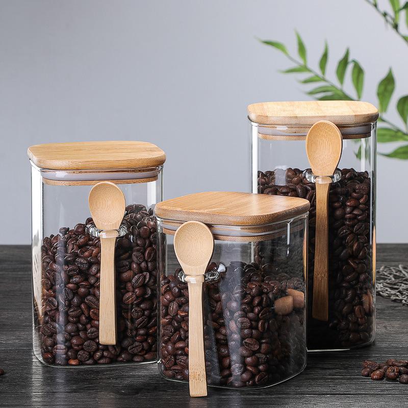 Japanese Square Glass Airtight Jar with Wooden Spoon for Coffee Bean and Tea Storage
