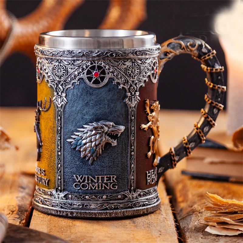 Game of Thrones 3D Carved Stainless Steel Beer Mug and High-Stemmed Glass