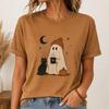 Ghost Cat Coffee T-Shirt, Cozy Halloween Black Cat Pumpkin Top