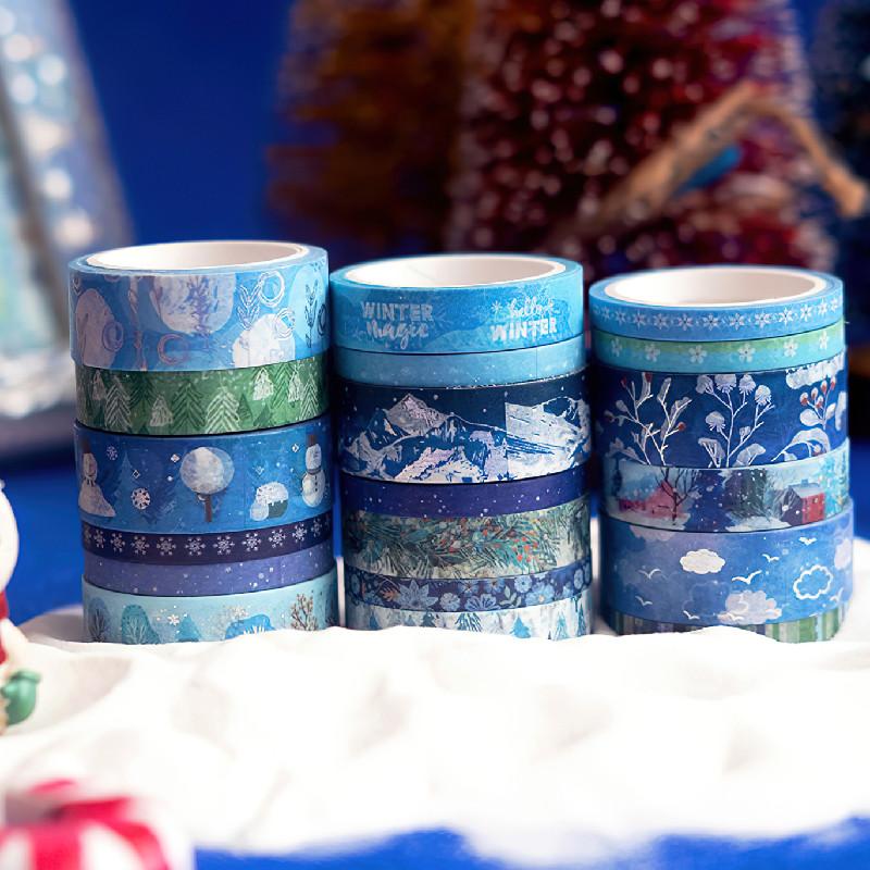 19pcs Winter Forest Washi Tapes Set 15mm*5m Blue Snow Gift Paper Adhesive Masking Tape Decoration Stickers