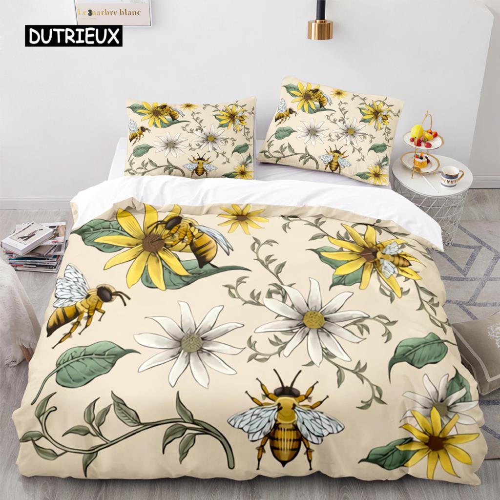 Süße Cartoon-Biene Bettbezug King Queen Honig Bettwäsche Set Kinder Jungen Mädchen Frühling Gelb Polyester Bettdeckenbezug