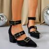Fashion 2025 New Women's Pointed Toe Chunky Heel Fashion Single Shoes Thick Heeled Hollow Breathable Buckle Designed Elegant Sandals