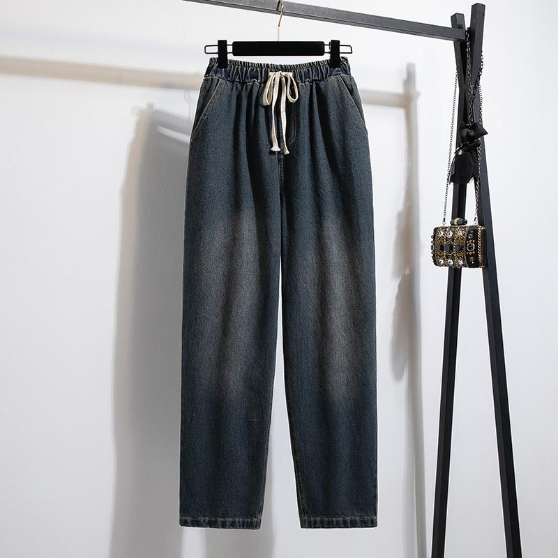 

Dimanaf Большие размеры 2025 женские брюки летние свободные джинсы длинные базовые брюки с высокой талией эластичный пояс 5XL M темно-синий