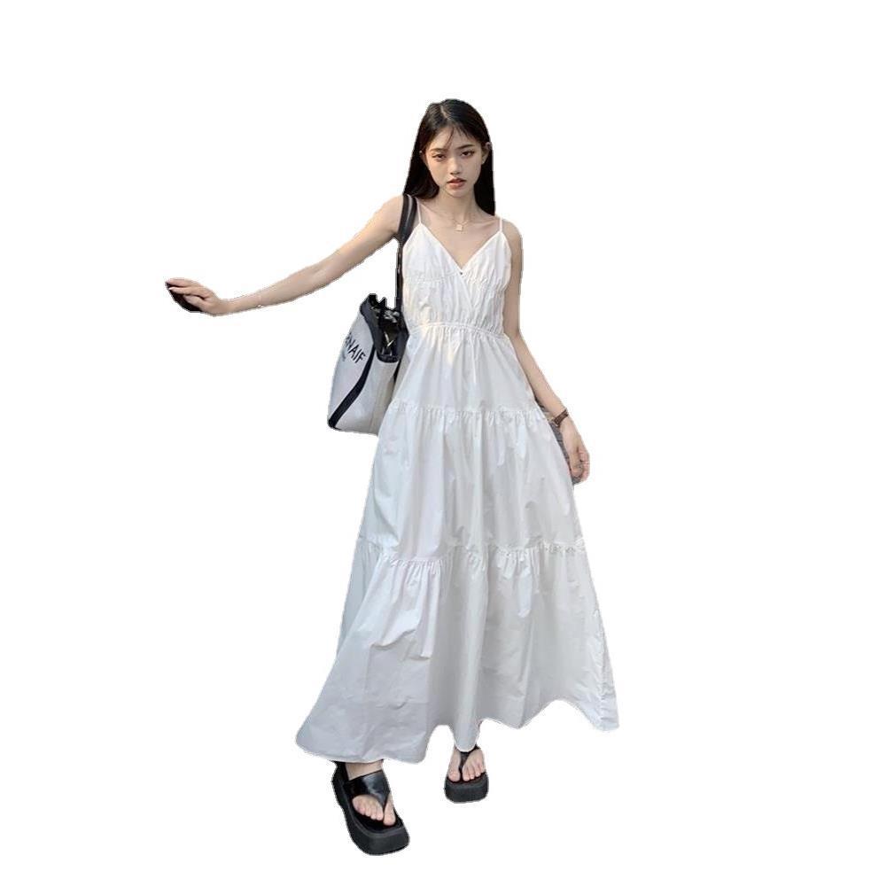 Women's White French Beach V-Neck Spaghetti Strap Maxi Dress