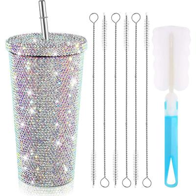 Posypaný diamantový pohárek Bling Třpytivá láhev na vodu s víčkem Termální pohárek na slámku Drahokamenový pohárek s 1 ks štětce na šálek 6 ks štětců na slámu