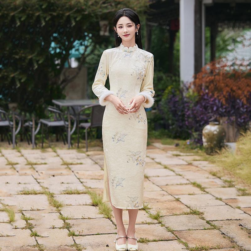 Beige velvet winter clothing national style new Chinese long-sleeved cheongsam winter thick improved young inner model