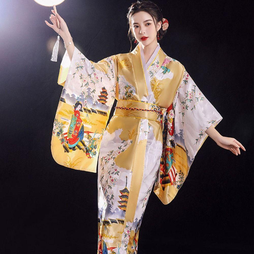 Printed Floral Sakura Girl  Kimono Dress Cosplay Costume Japanese Style Yukata Bathrobe  Travel