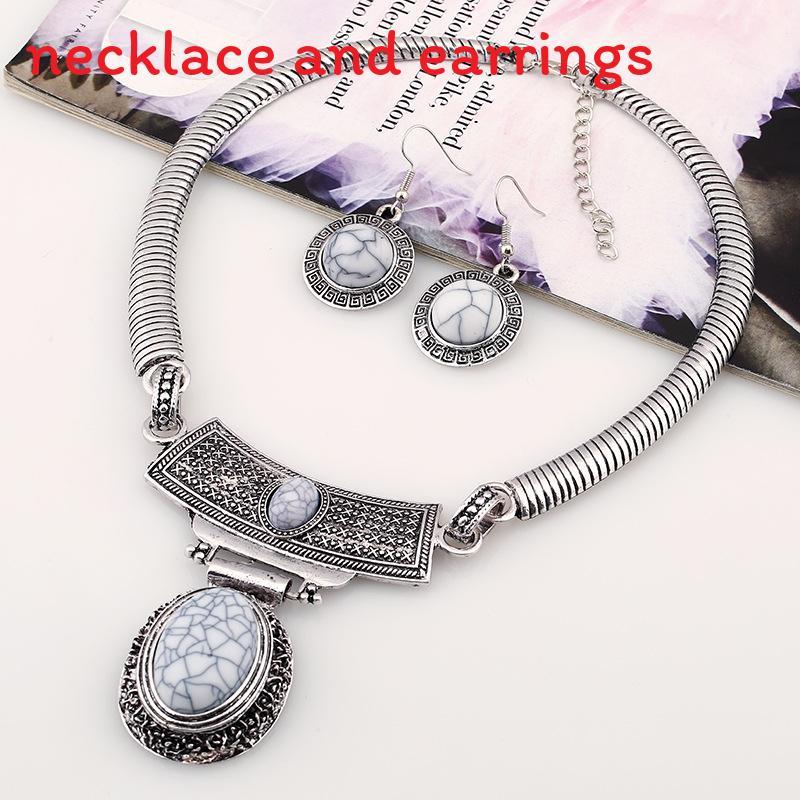 Etnisk Stil Simulering Ädelstensprydnad Dam Halsband och Örhänge Set För Män och Kvinnor