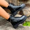 British Style Retro Booties Winter New Round Toe Lace-up Front Studded Platform Non-slip Pumps