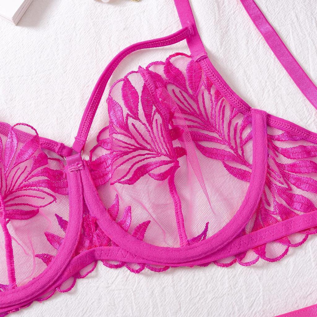 Women's Sexy Lace Bra Set Solid Color Embroidery Push-Up Lingerie Set Hollow Out Open Back Bra Set