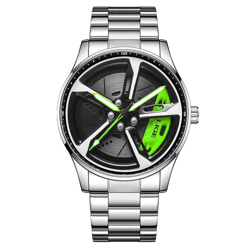 

LIGE Fashion Men s Watch Luxury Stainless Steel Waterproof Sports Quartz Watch Supercar Wheel Dial Military Watches for Men+Box срібні зелений колір