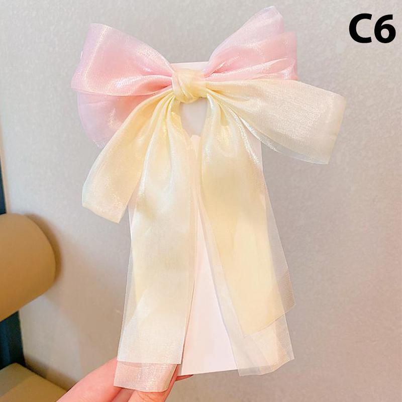 Girls Cute Elegant Mesh Bow Ribbon Hair Clip With Faux Pearl Tassel Crystal Decoration Colorful Chiffon Headwear For Party Kids