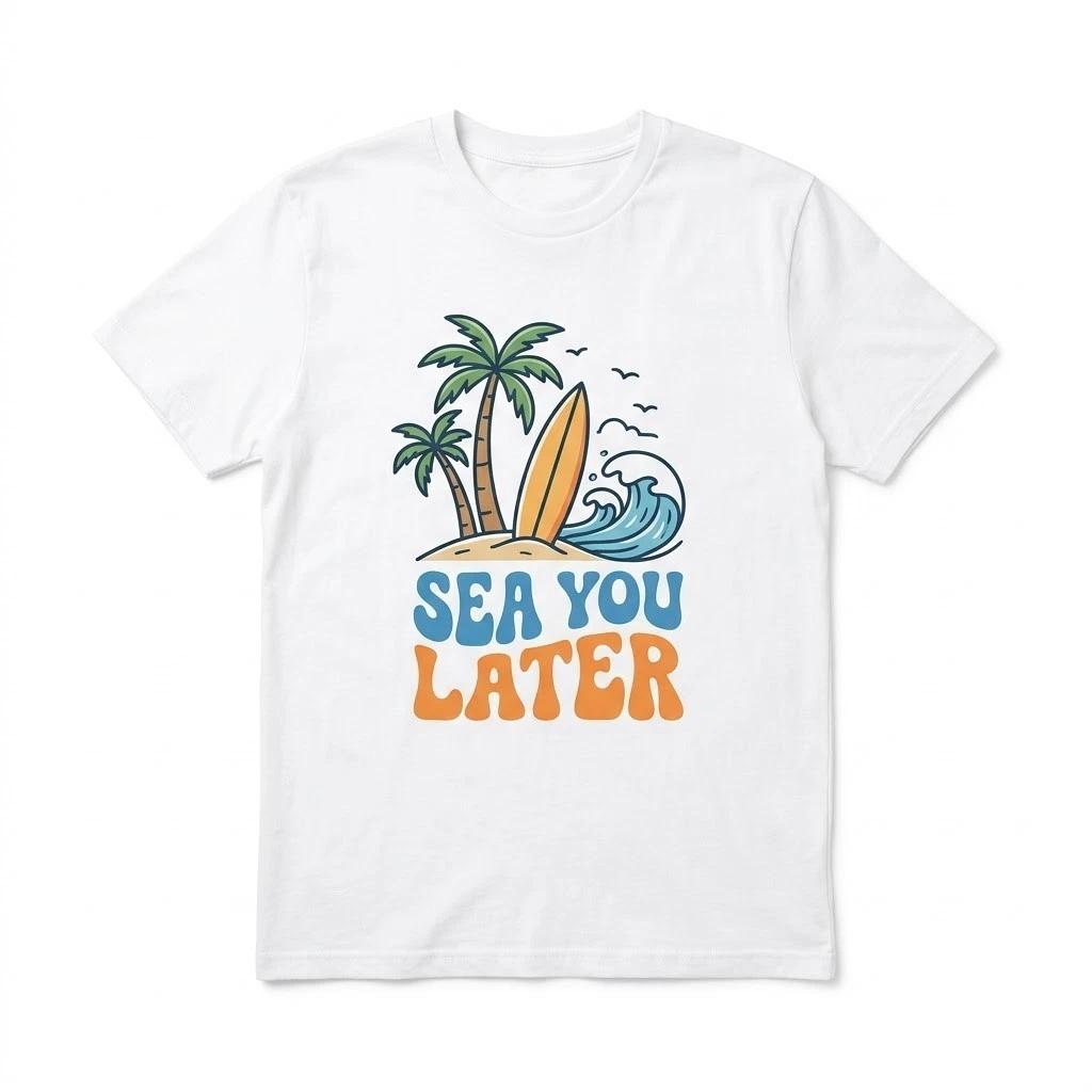 Retro Sea You Later T-Shirt - Vintage Beach Surfboard & Palm Tree Summer Tee XXL