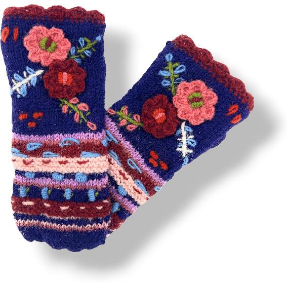 Ella Sussman Hand Knit Fingerless Embroidered 2 Flower Gloves Embroidered Wool Fleece Lined Texting Mittens Arm Warmers