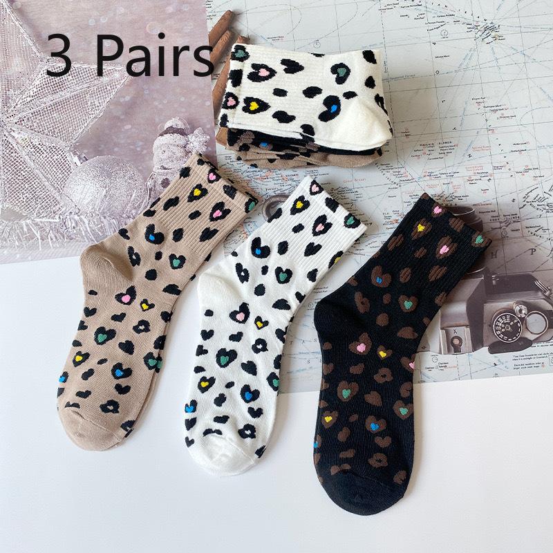 3 par damstrumpor för höst- och vintermode, trendiga randiga leopardmönstrade söta kärleksfulla tubstrumpor