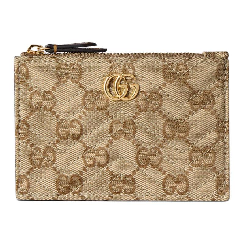Gucci GG Marmont Generation retro style gold hardware zipper closure GG canvas key bag women's sand color with dark brown