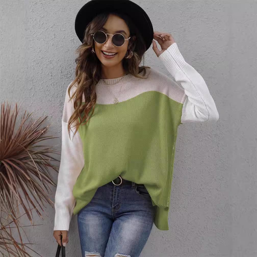 T-shirt Women's Pullover Knitted Sweater Cross-border European and American Women's Clothing Autumn and Winter New Sweaters Contrasting Colors Splici