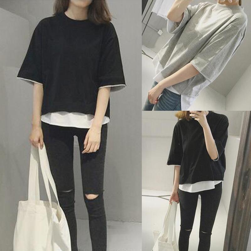 

2022 Summer Korean Style Loose Patchwork Two-Piece Short Sleeve Women s Top XX-Large