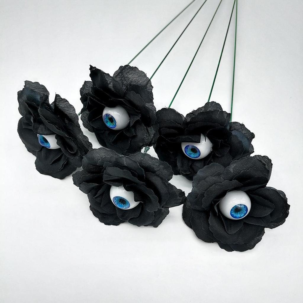 4Pcs/set Halloween Rose Flower Ground Pole Black Rose PVC Simulation Eyeball Flower DIY Garden Courtyard Halloween Decor Gifts